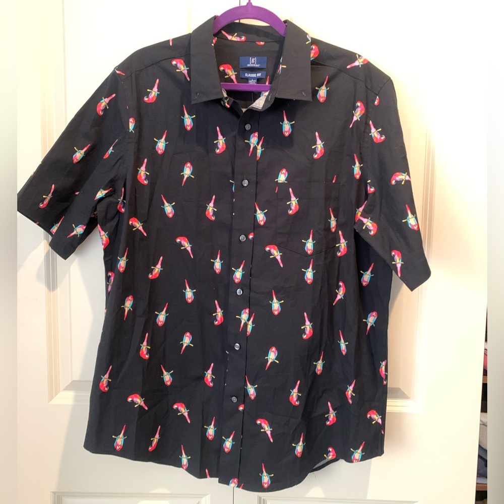 Black Parrot Print Button Down